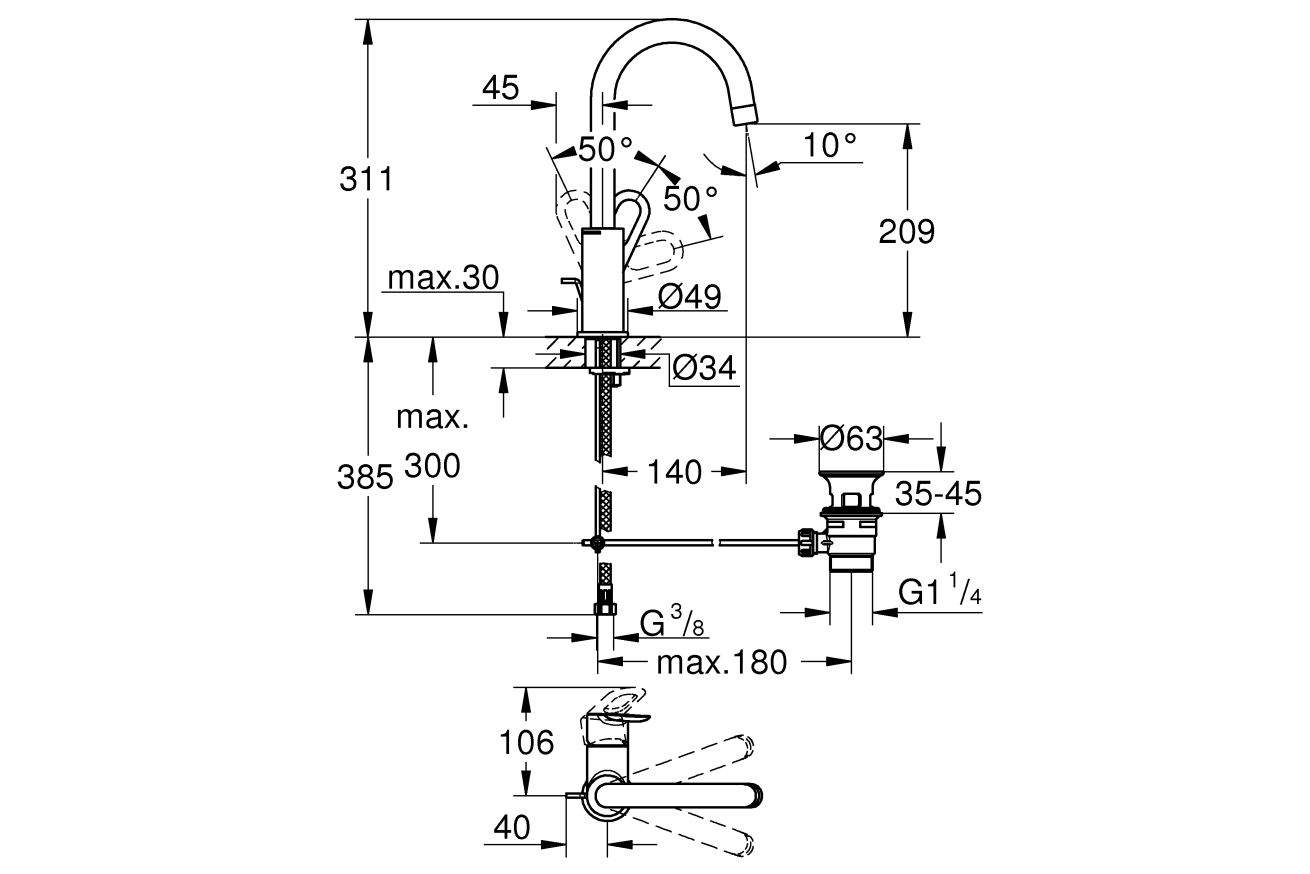 Смеситель для раковины GROHE BauLoop, L-size, хром (23763000)