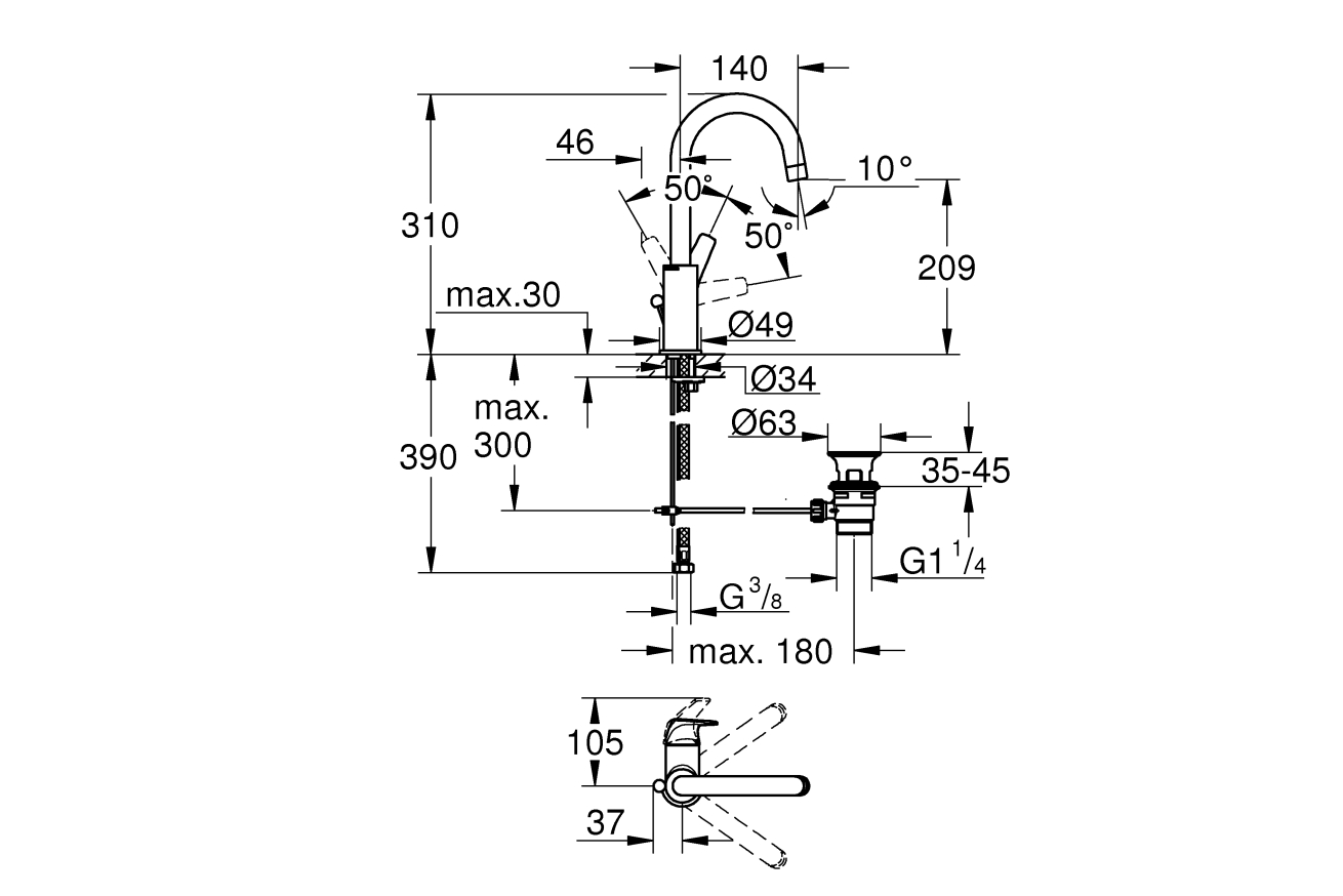Смеситель для раковины GROHE BauFlow, L-size, хром (23753000)