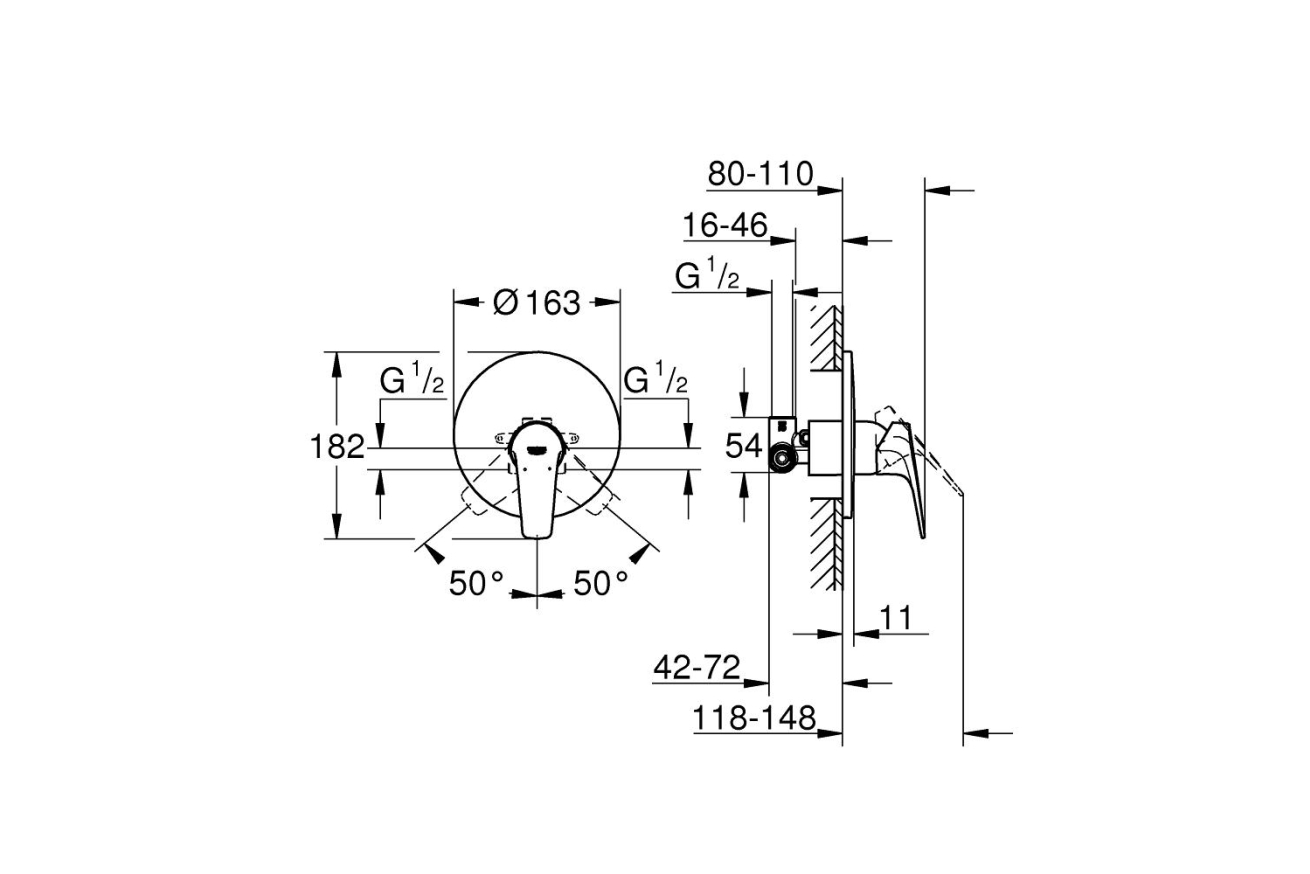 Смеситель для душа GROHE BauFlow в комплекте с монтажной частью, хром (29112000)