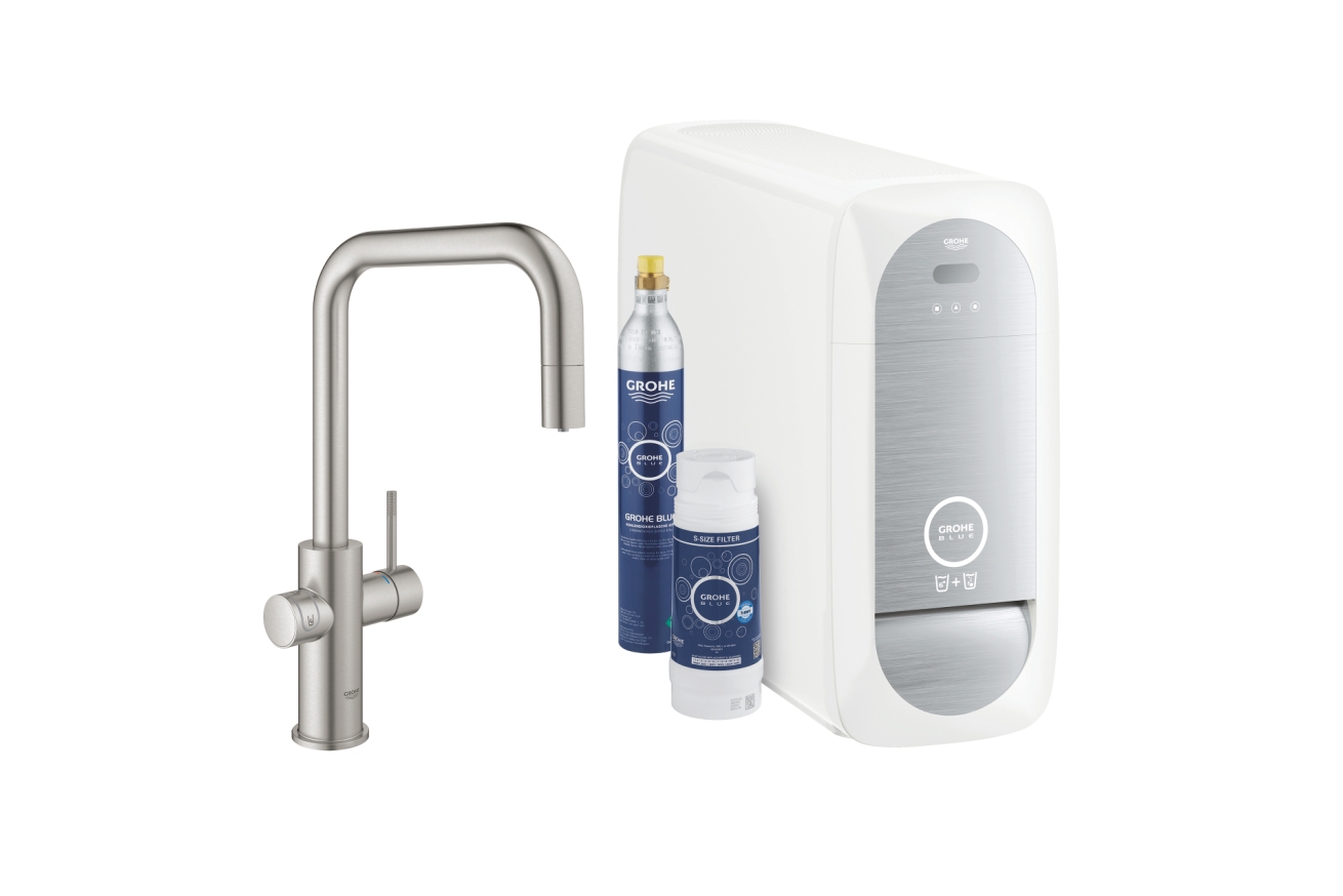 Смеситель для кухни GROHE Blue Home с системой фильтрации, охлаждения и газирования воды, Wi-Fi, суперсталь (31543DC0)
