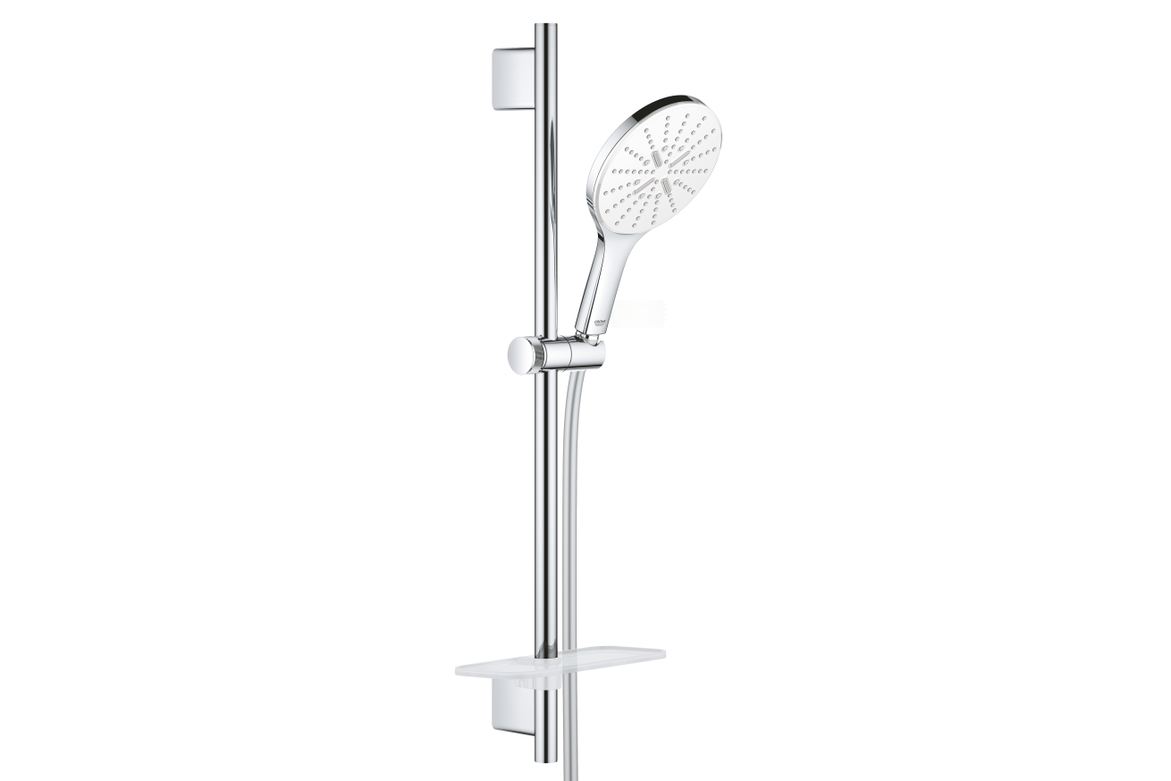 Душевой гарнитур GROHE Rainshower SmartActive 150 с мыльницей, 3 режима струи, душевая штанга 600 мм, 9,5 л/мин, белая луна (26592LS0)