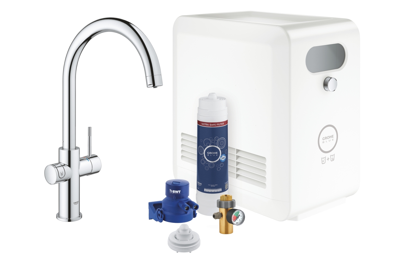 Смеситель для кухонной мойки GROHE Blue Professional с системой фильтрации, охлаждения и газирования воды, хром (31607002)