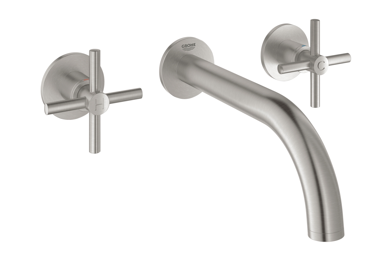 Внешняя часть смесителя для раковины GROHE Atrio настенного монтажа на 3 отверстия, двухвентильный, суперсталь (20164DC3)