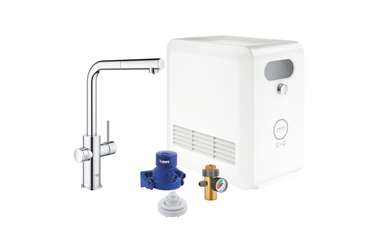 Смеситель для кухни GROHE Blue Professional с вытяжным изливом, функцией фильтрации, системой охлаждения и газирования воды, Wi-Fi, хром (313