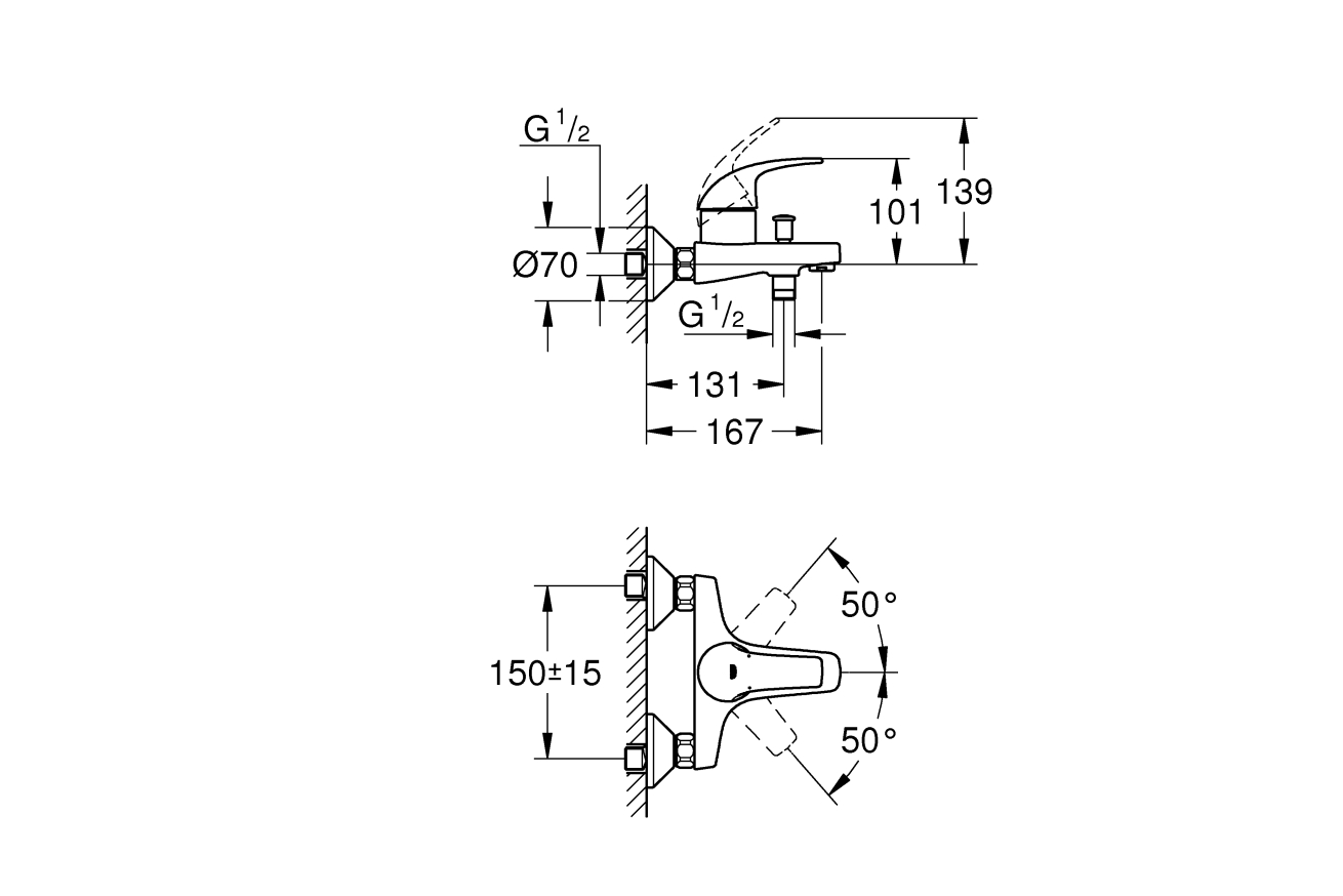 Смеситель для ванны GROHE Start Curve, настенный монтаж, хром (23768000/U) (УЦЕНКА - Царапины на корпусе)