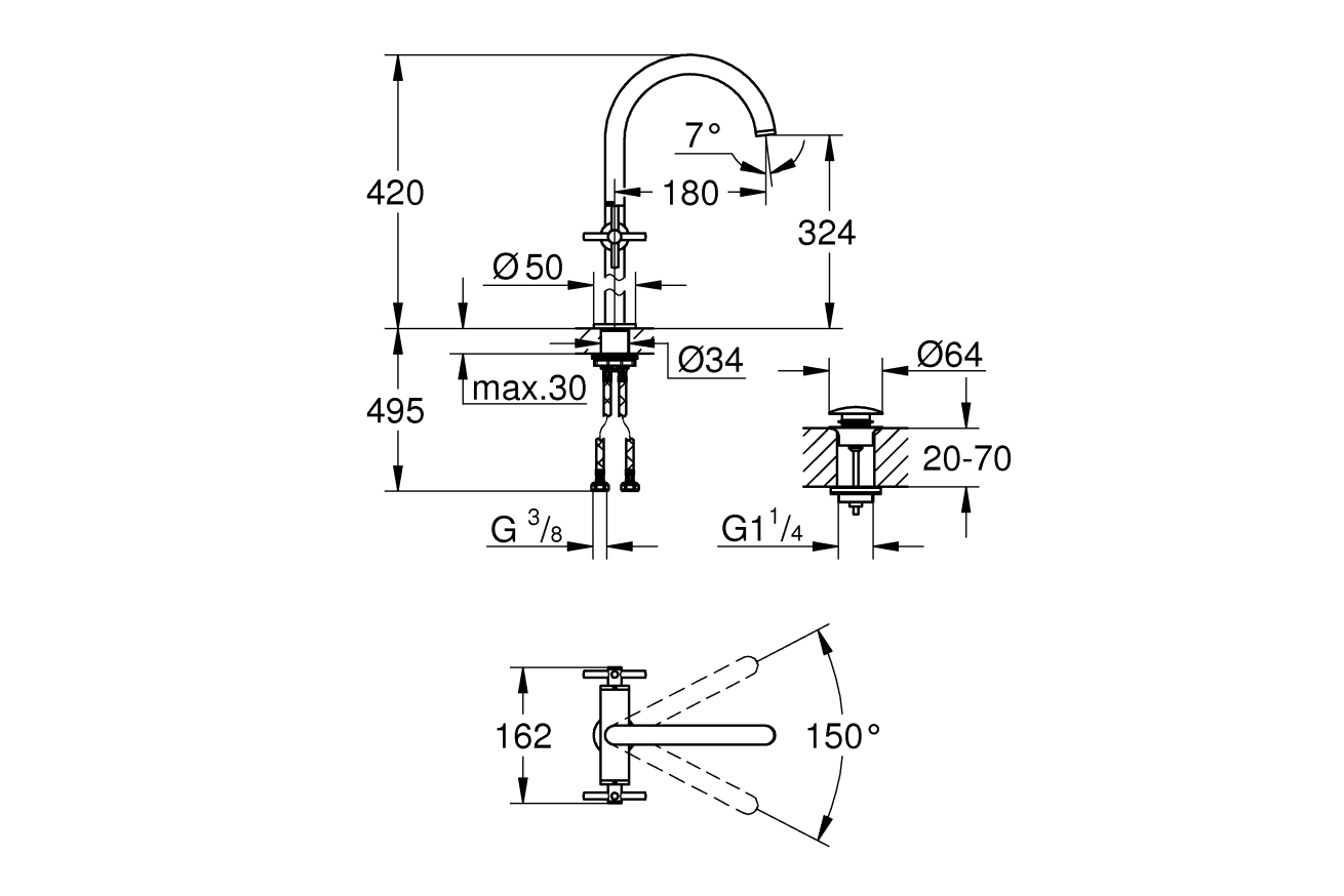 Смеситель для раковины GROHE Atrio двухвентильный, XL-Size, темный графит матовый (21044AL3)