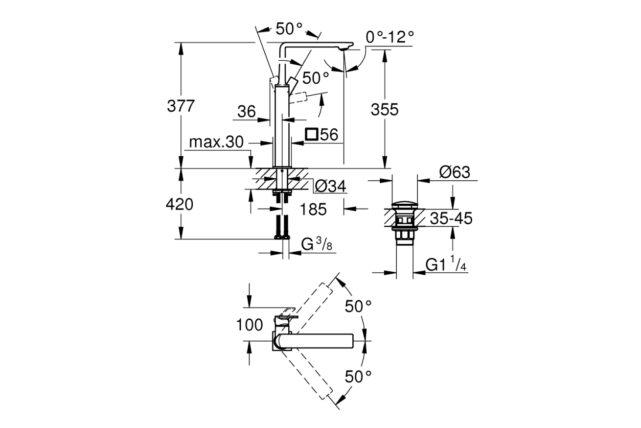 Смеситель для раковины GROHE Allure без донного клапана, XL-Size, темный графит глянец (23403A01)
