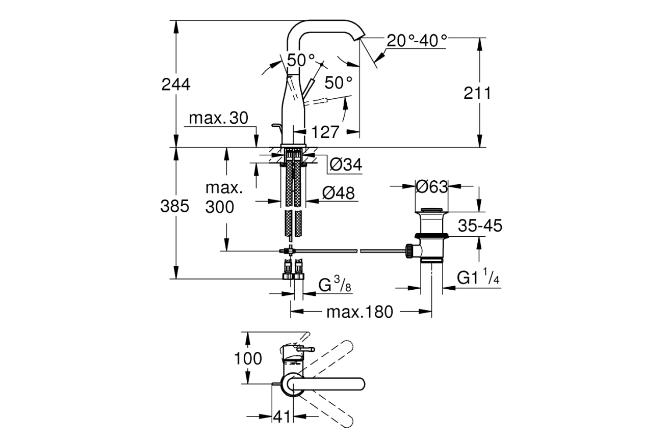 Смеситель для раковины GROHE Essence с донным клапаном, L-Size, холодный рассвет глянец (24174GL1)