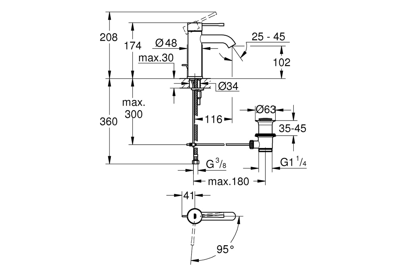 Смеситель для раковины GROHE Essence с донным клапаном, S-Size, хром (24180001)