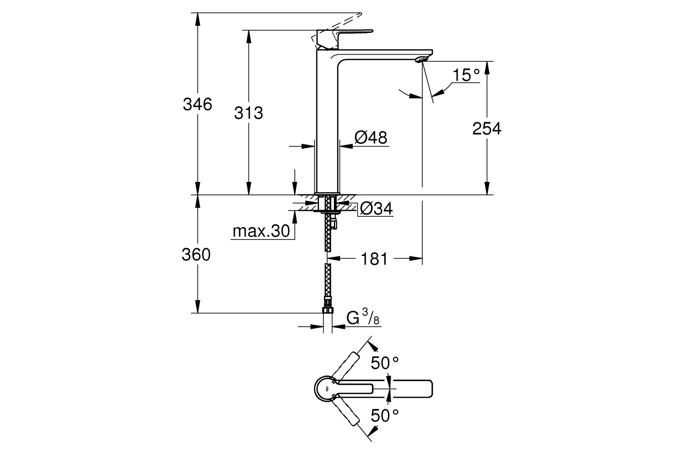 Смеситель для раковины GROHE Lineare, XL-Size, темный графит матовый (23405AL1)