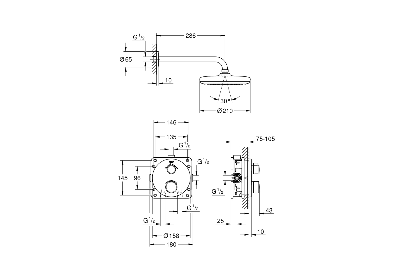 Душевой набор GROHE Grohtherm с Tempesta 210, 1 режим, 9,5 л/мин, хром (34726000)