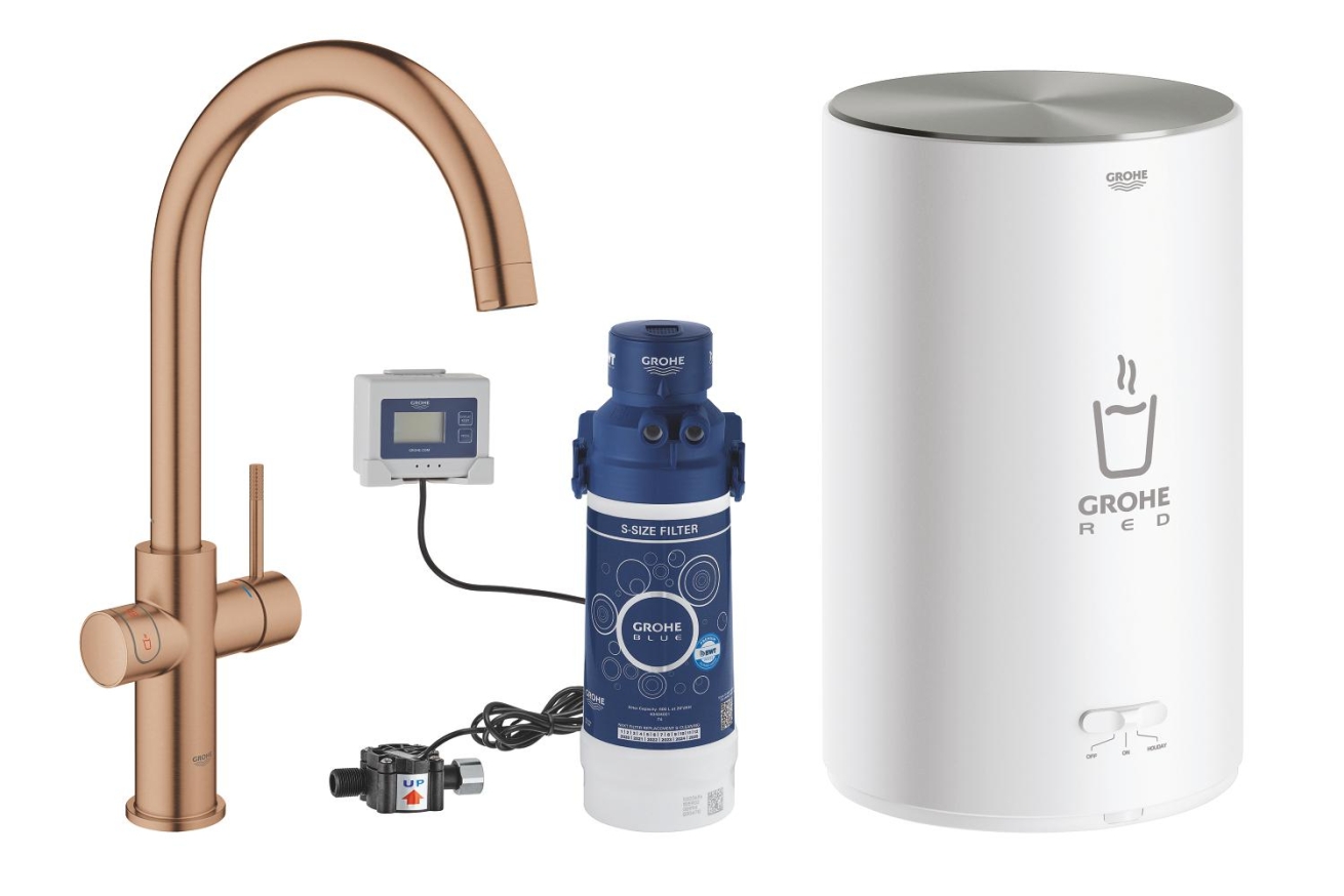 Комплект для кухни GROHE Red Duo II с бойлером M-size, смеситель с C-образным изливом, теплый закат матовый (30083DL1)