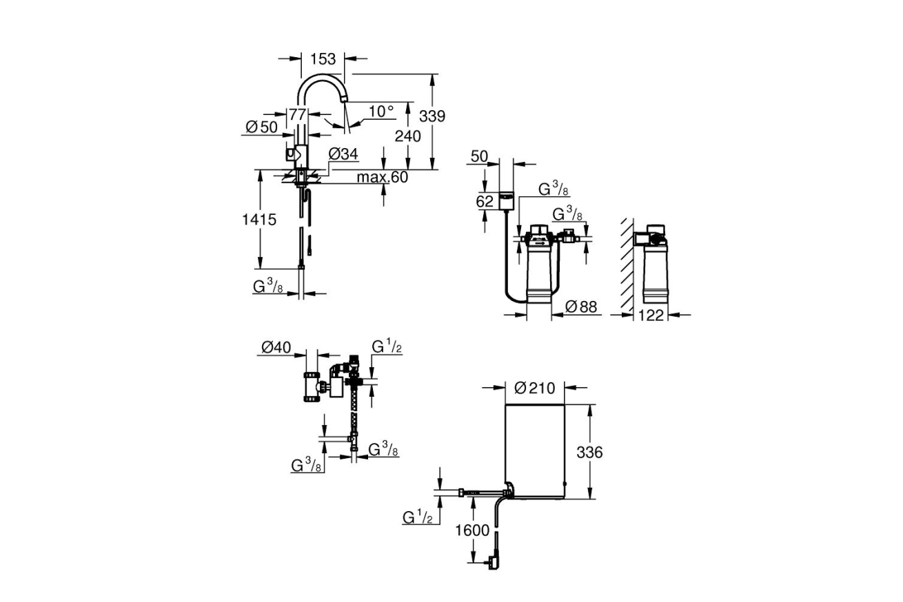 Комплект для кухни GROHE Red Mono II с бойлером M-size, с вертикальным вентилем с C-образным изливом, темный графит матовый (30085AL1)
