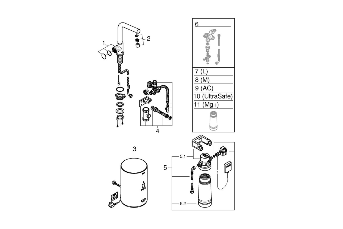 Комплект для кухни GROHE Red Mono с L-образным вентилем, бойлером M-Size и фильтром, хром (30339001)