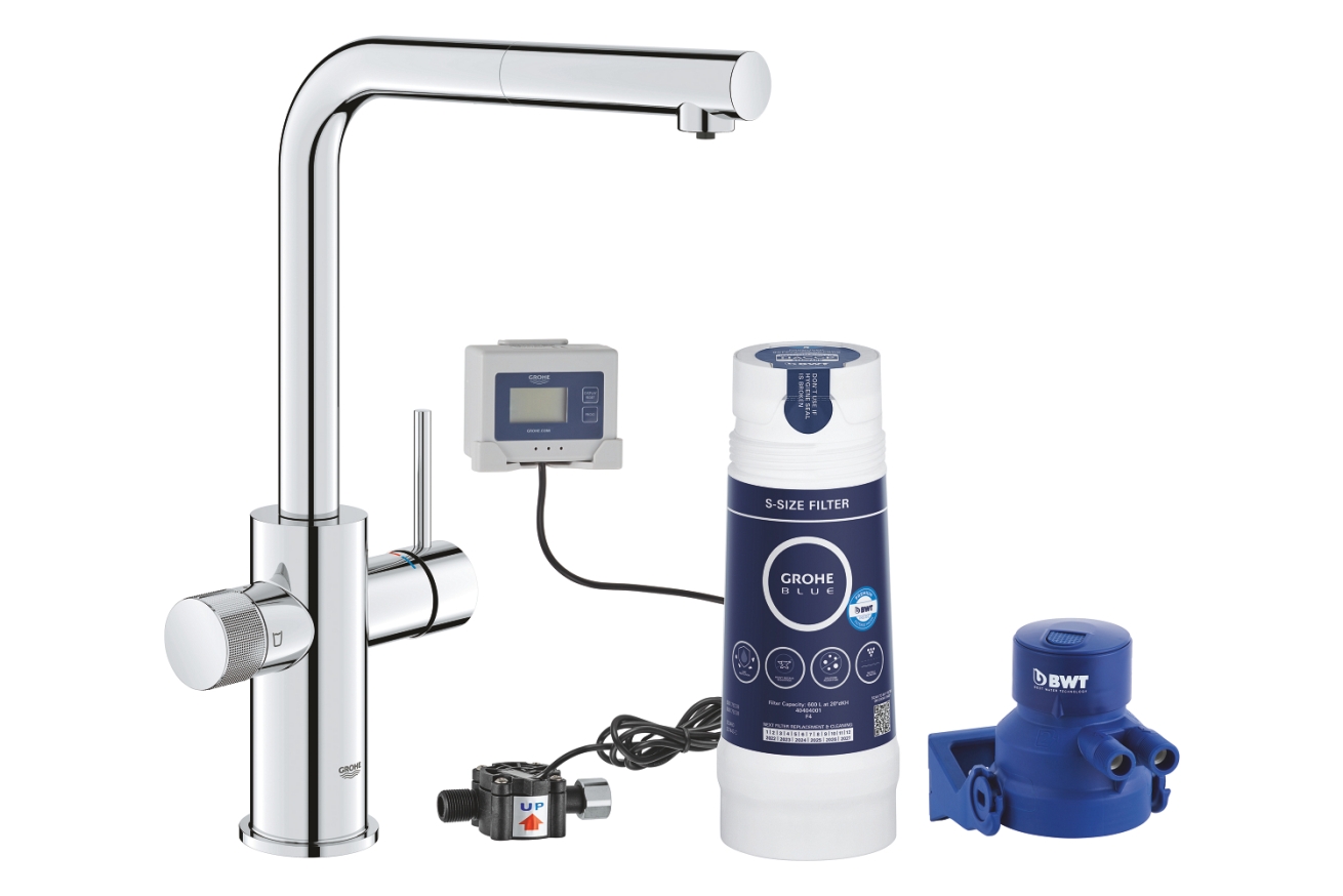 Смеситель для кухни GROHE Blue Pure Minta c вытяжным изливом, функцией фильтрации, с фильтром в комплекте, хром (30591000)