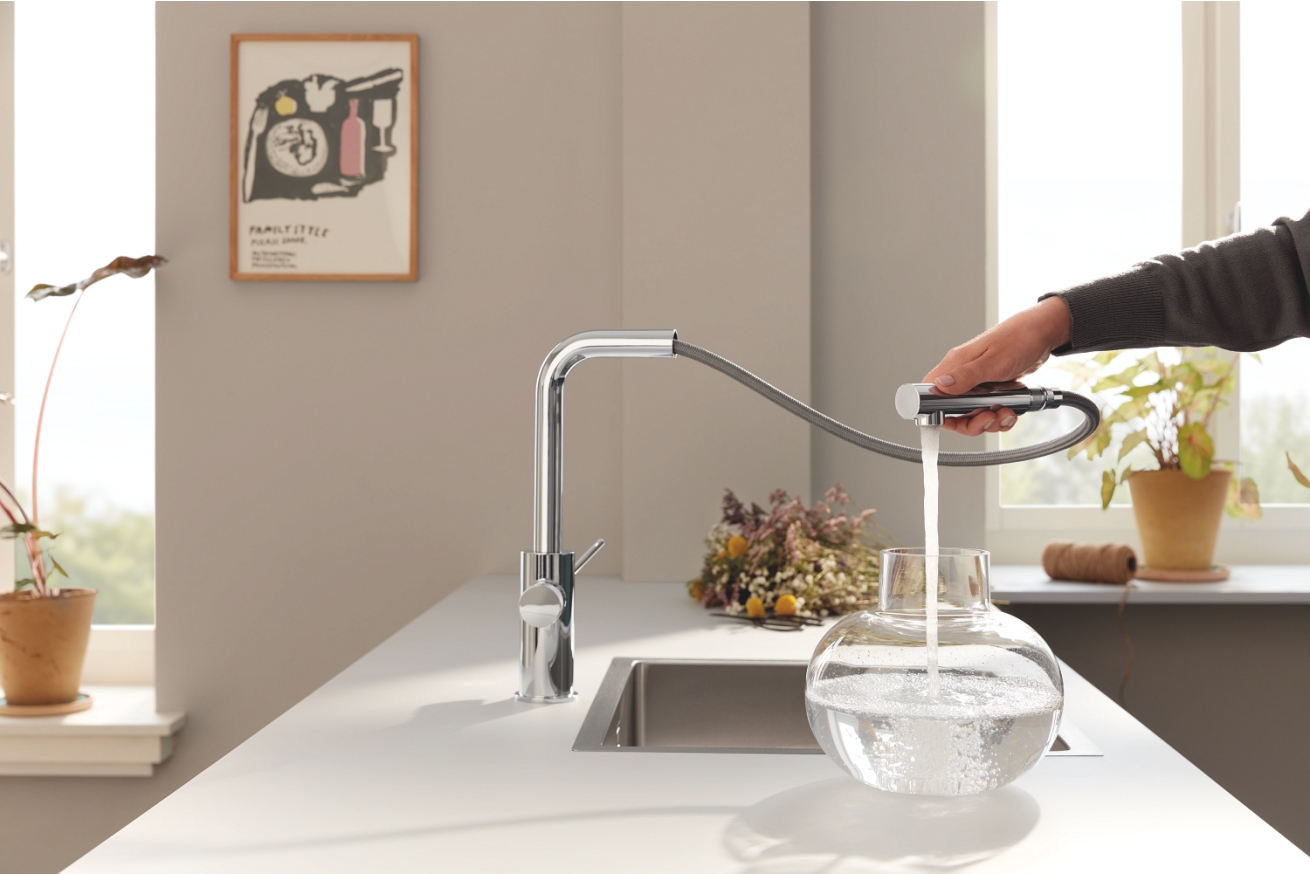 Смеситель для кухни GROHE Blue Pure Minta c вытяжным изливом, функцией фильтрации, с фильтром в комплекте, хром (30591000)
