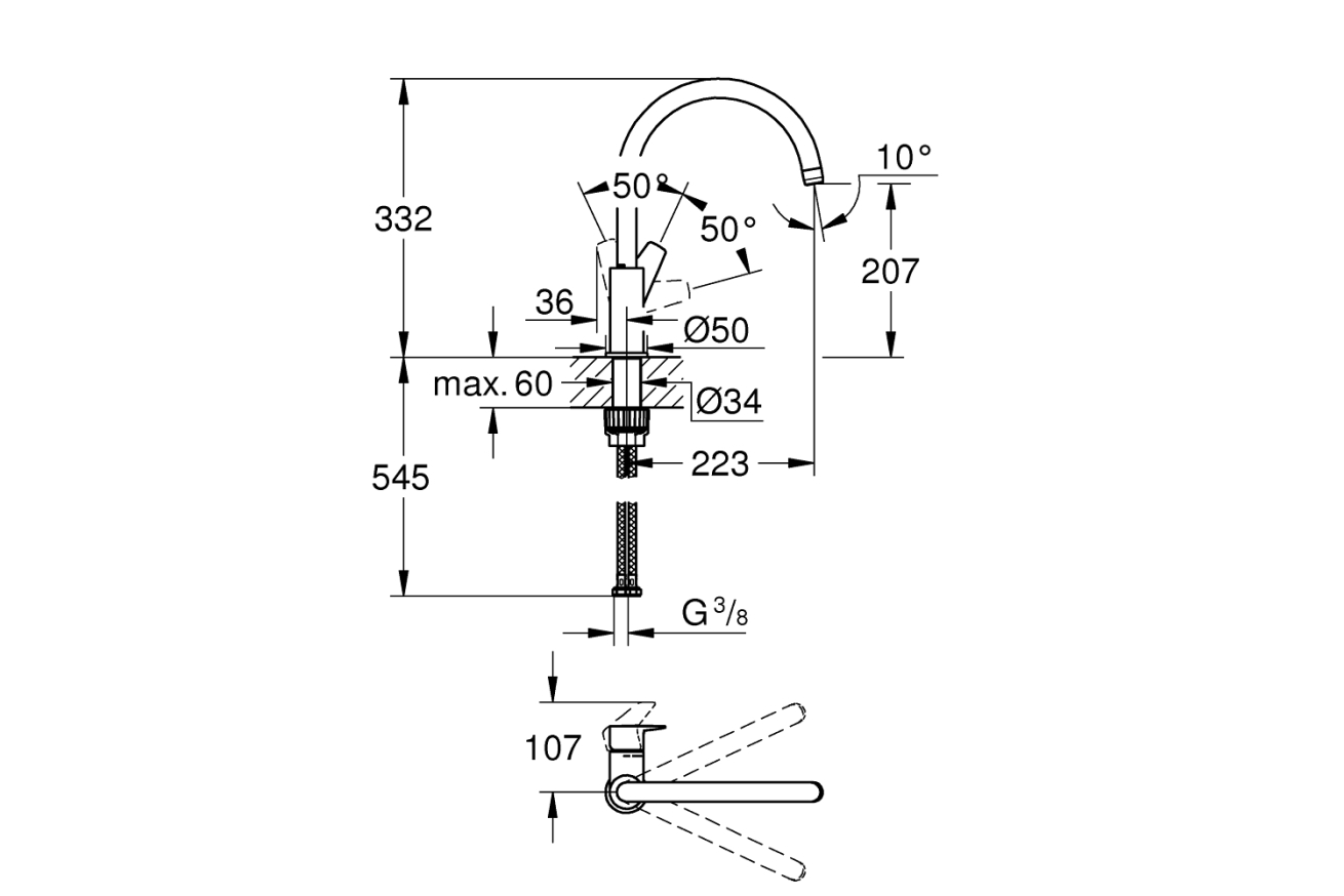 Смеситель для кухни GROHE Start Edge с высоким C-образным изливом, хром (31369001)