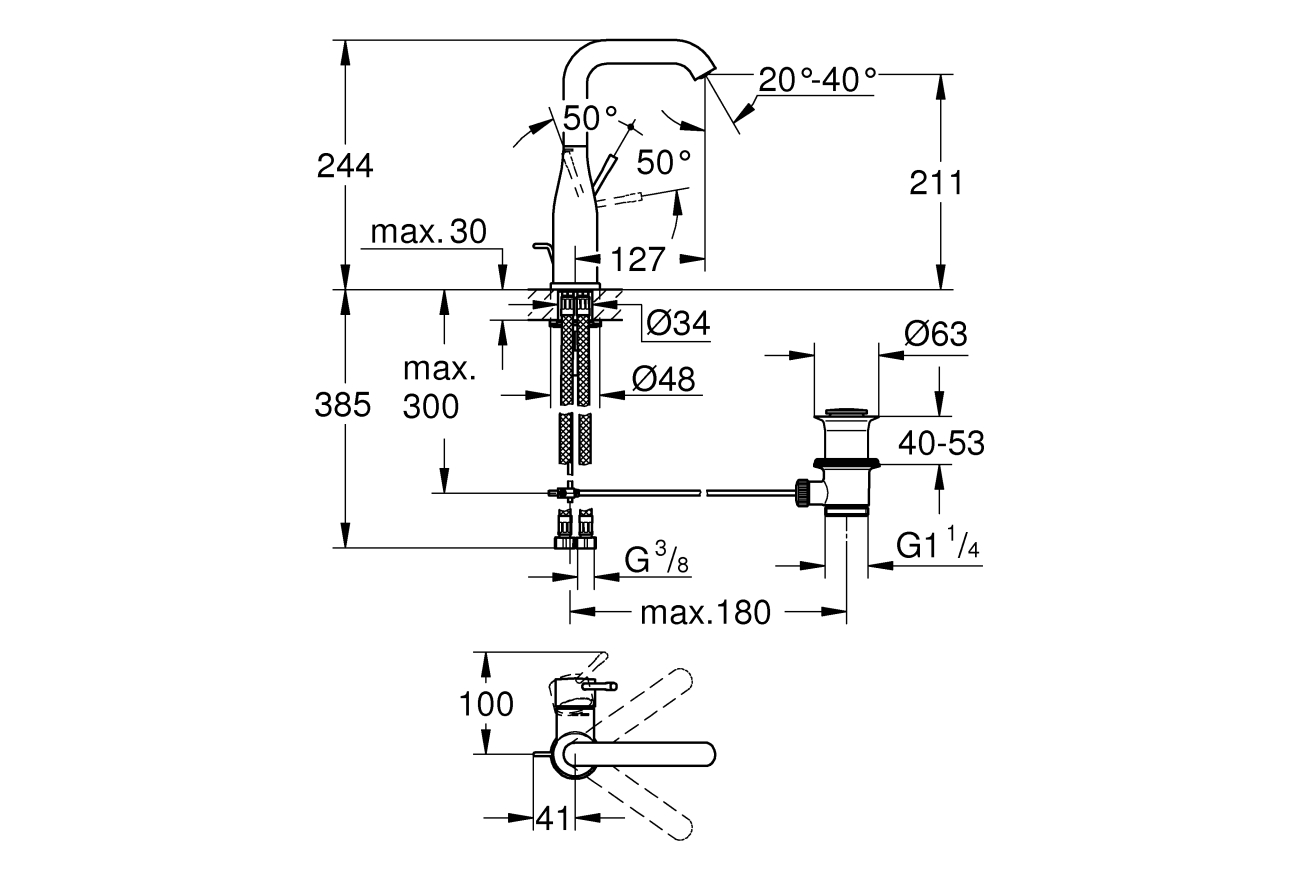Смеситель для раковины GROHE Essence с донным клапаном, L-Size, теплый закат глянец (32628DA1)