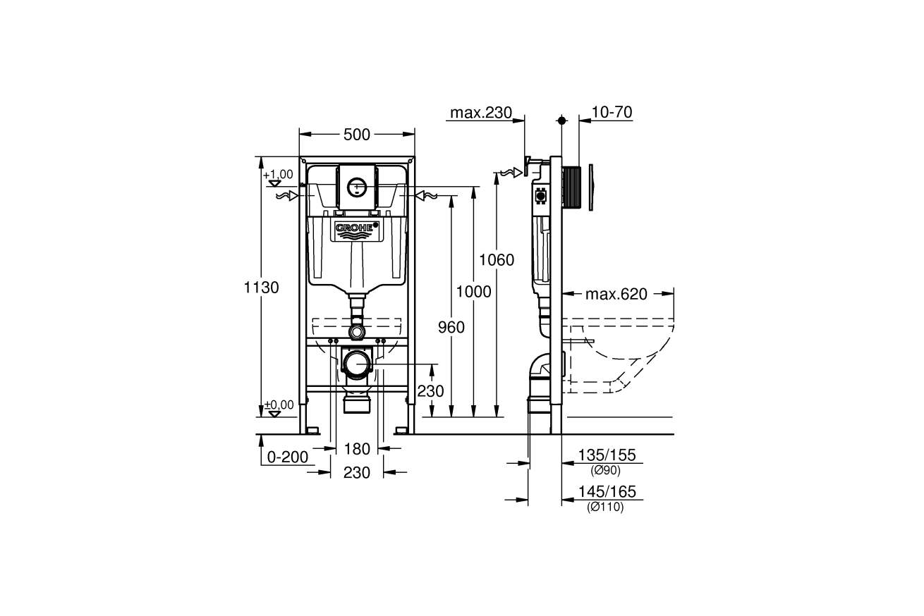 Инсталляция для подвесного унитаза GROHE Rapid SL в сборе 3-в-1, с накладной панелью Nova Cosmopolitan, хром (38860000)