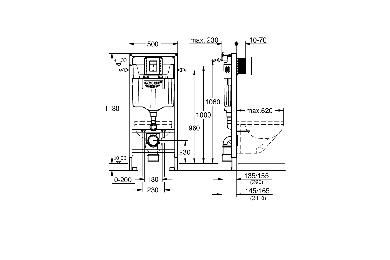 Набор GROHE Rapid SL 5 в 1 в сборе, для подвесного унитаза, монтажная высота 1,13 м (39500000)