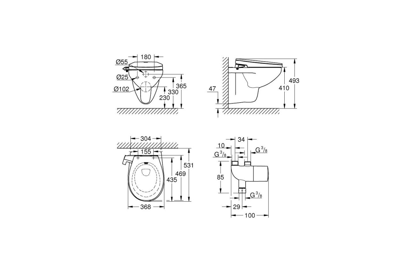 Унитаз GROHE Bau Ceramic подвесной, с сиденьем-биде и термостатом Grohtherm Micro, альпин-белый (39652SH0)