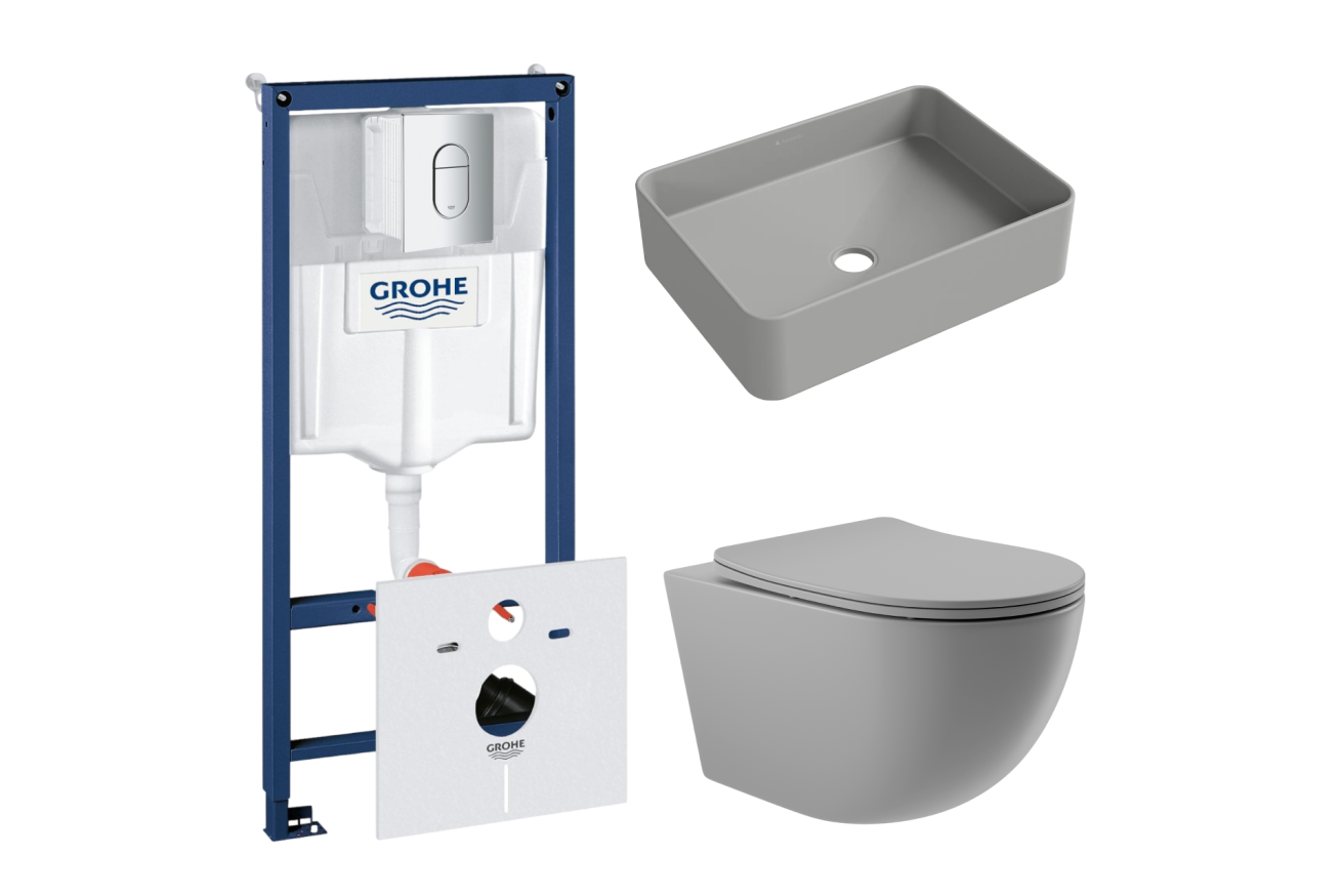 Комплект инсталляции GROHE Rapid SL 3 в 1 (NW0145/S) с унитазом Aqueduto OVO и раковиной Aqueduto ESPIRAL ESP0430 (NW0481)