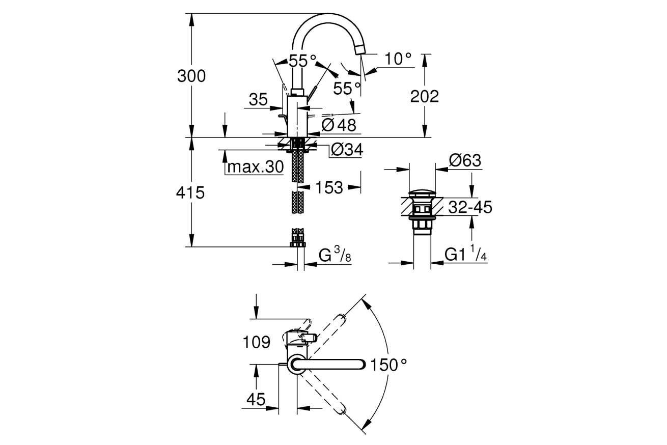 Смеситель для раковины GROHE Eurosmart Cosmopolitan, L-size, хром (23933001)