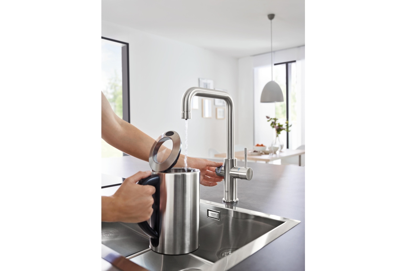 Смеситель для кухни GROHE Blue Home с системой фильтрации, охлаждения и газирования воды, Wi-Fi, суперсталь (31543DC0)