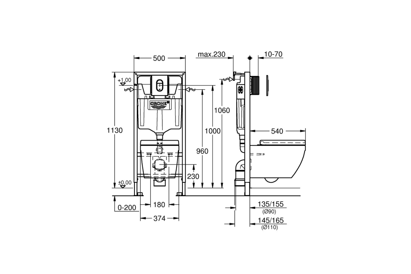 Комплект инсталляции GROHE Rapid SL с подвесным унитазом Euro Ceramic и сиденьем (36501000)