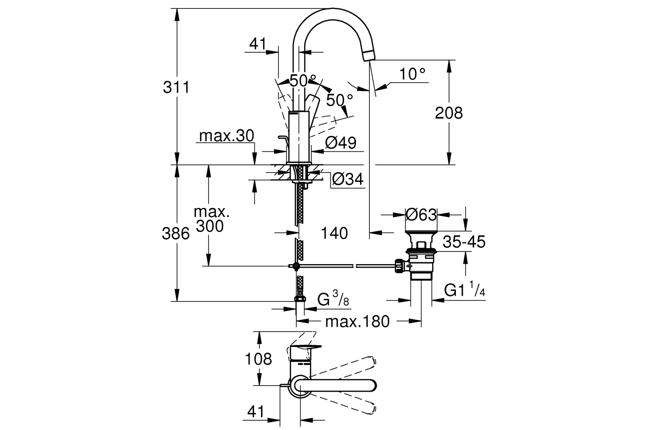 Смеситель для раковины GROHE BauEdge, L-size, хром (23760001)