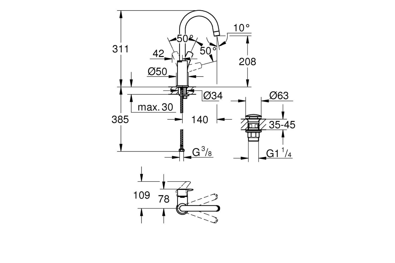 Смеситель для раковины GROHE Eurosmart, L-size, хром (23970003)