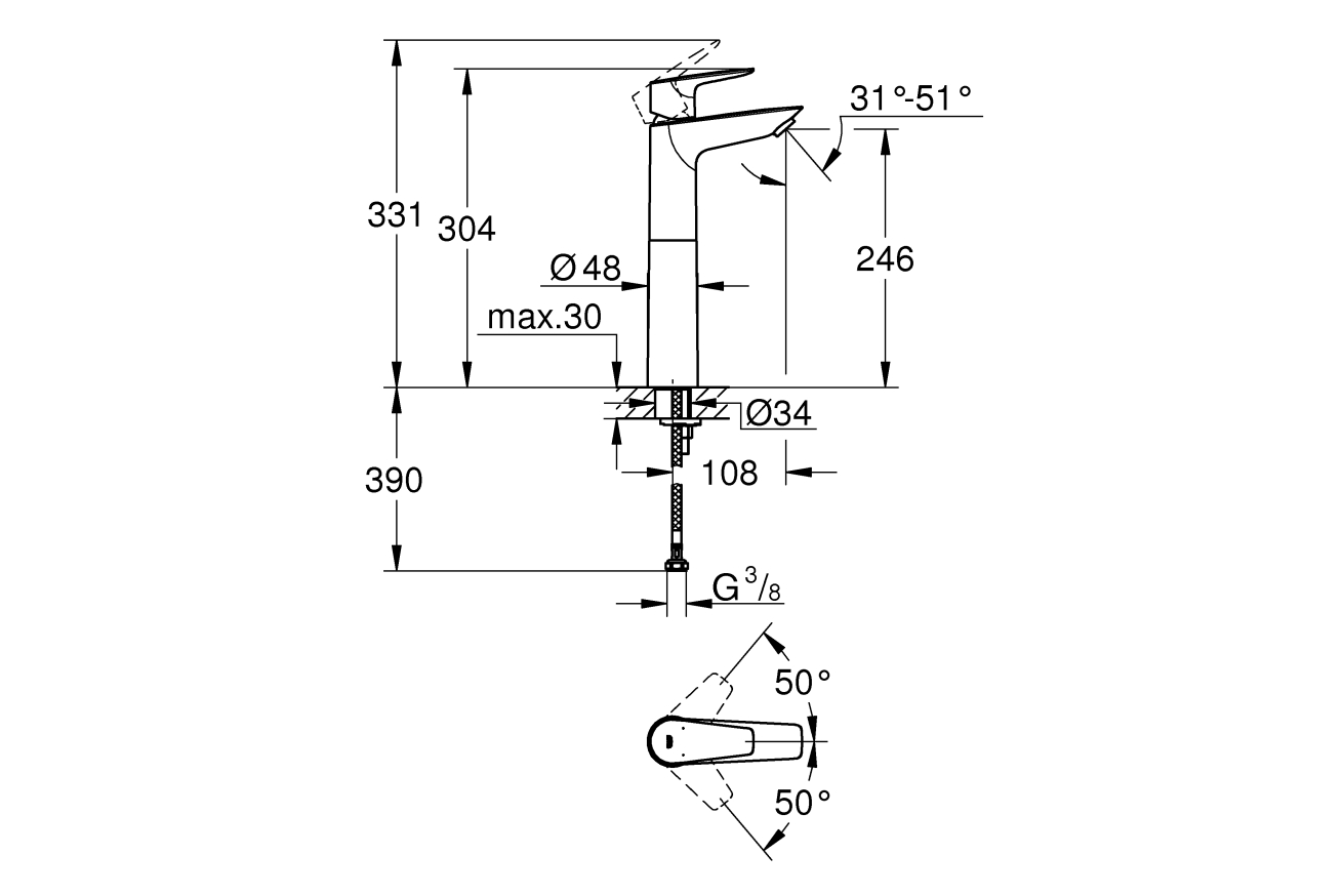 Смеситель для раковины GROHE BauEdge с ограничителем температуры, XL-Size, хром (23761001)
