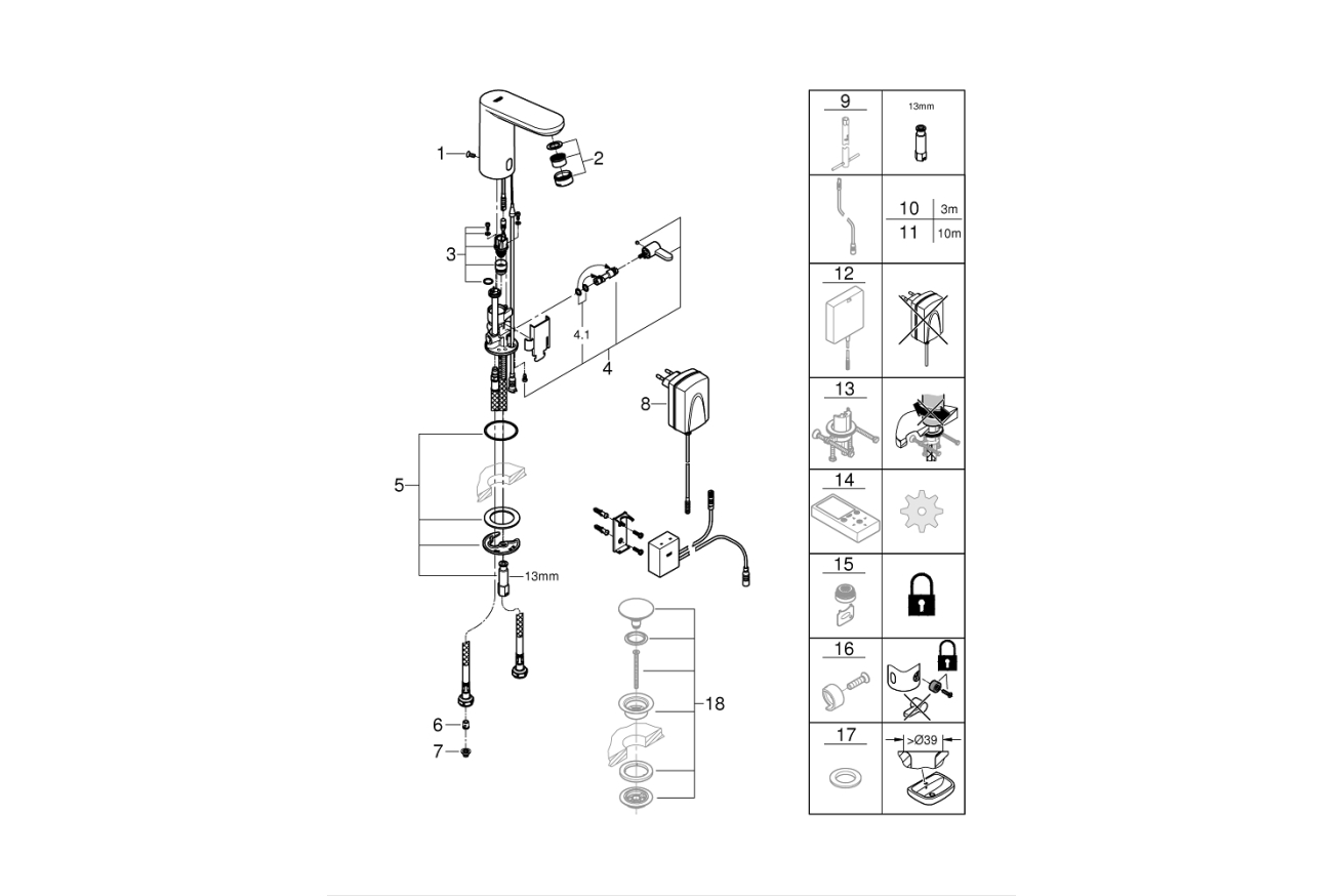 Кран для раковины GROHE Eurosmart Cosmopolitan E Bluetooth инфракрасный, без функции смешивания, хром (36413000)