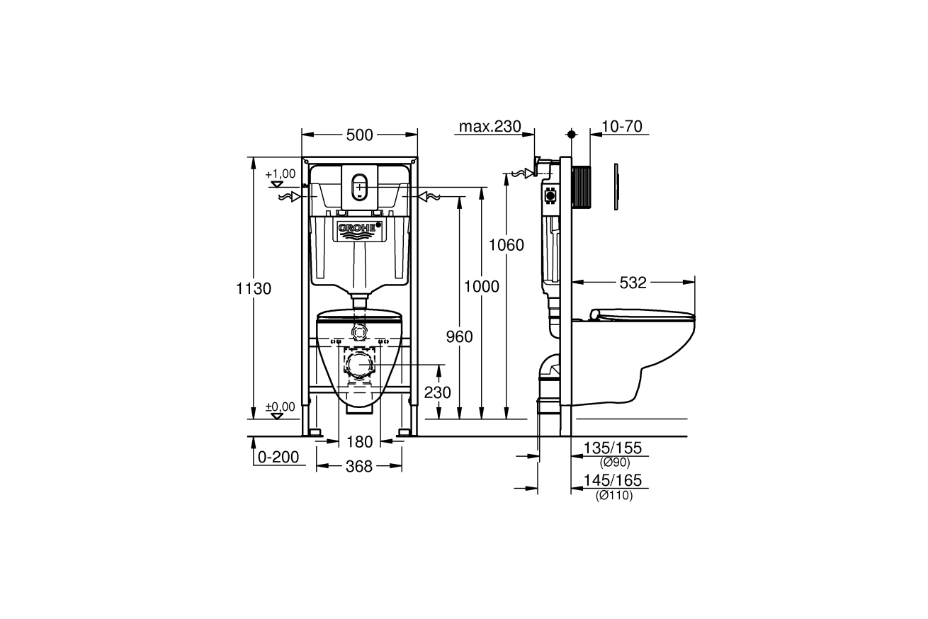 Набор GROHE Solido 5-в-1: подвесной унитаз с крышкой + система инсталляции с панелью смыва Arena Cosmopolitan (39418000)