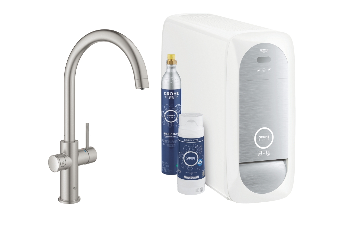 Смеситель для кухонной мойки GROHE Blue Home с системой фильтрации, охлаждения и газирования воды, суперсталь (31455DC1)
