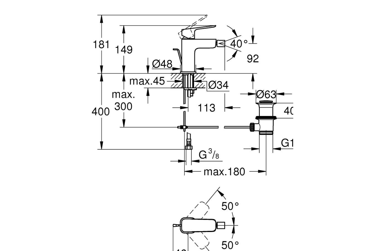 Смеситель для биде GROHE Cubeo с донным клапаном, S-size, хром (1018100000)