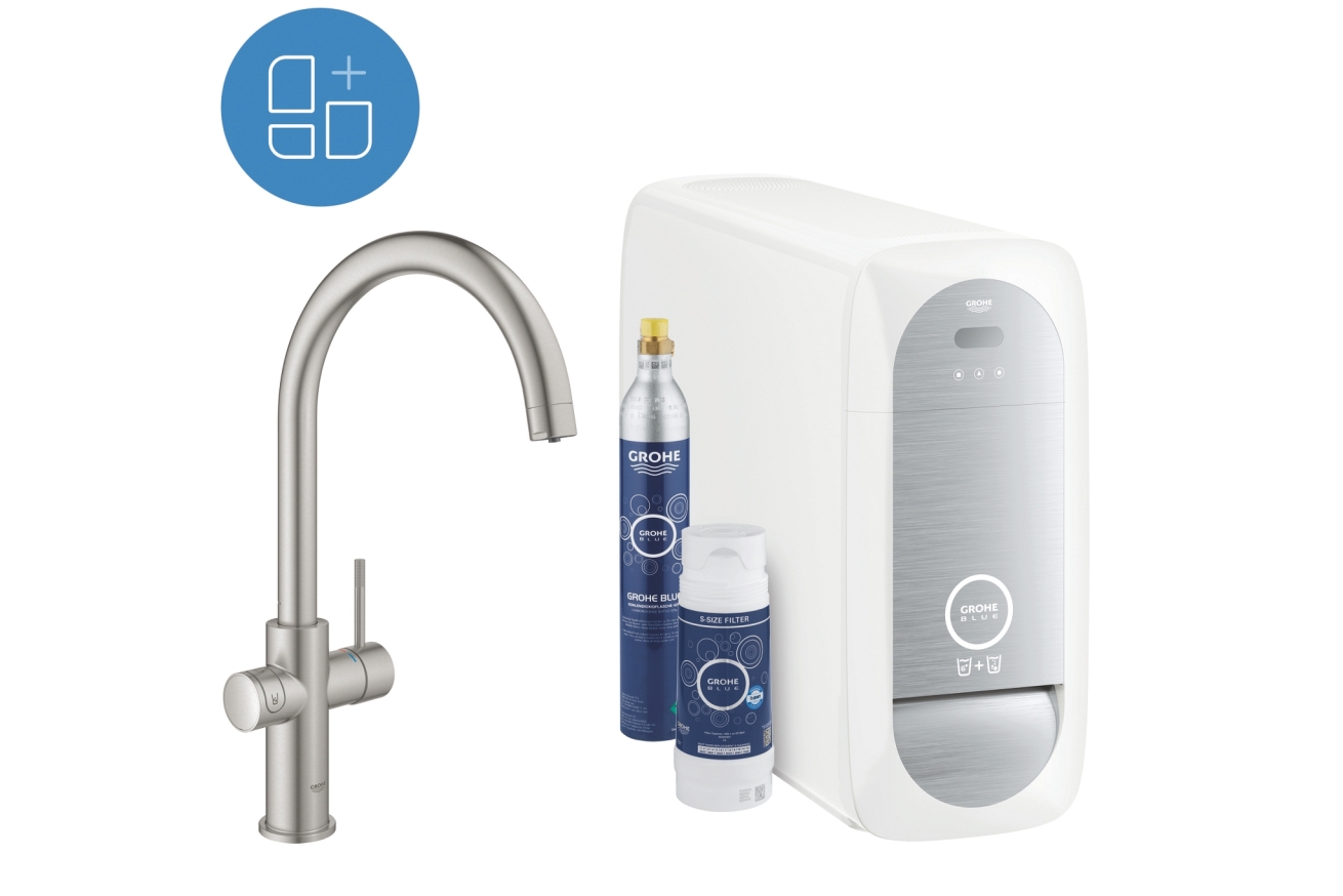 Смеситель для кухонной мойки GROHE Blue Home с системой фильтрации, охлаждения и газирования воды, суперсталь (31455DC1)