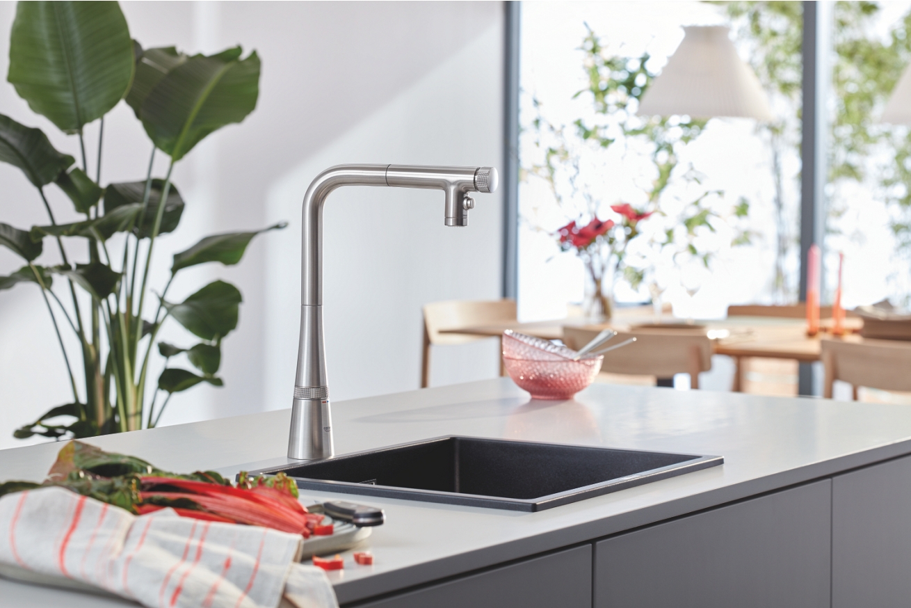 Смеситель для кухни GROHE Zedra SmartControl с вытяжным изливом 2jet, суперсталь (31886DC0)