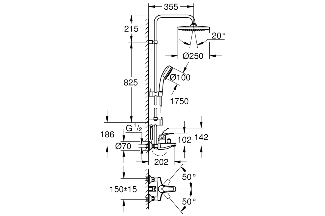 Душевая система GROHE Tempesta Cosmopolitan 250 со смесителем для ванны, хром (26674000)