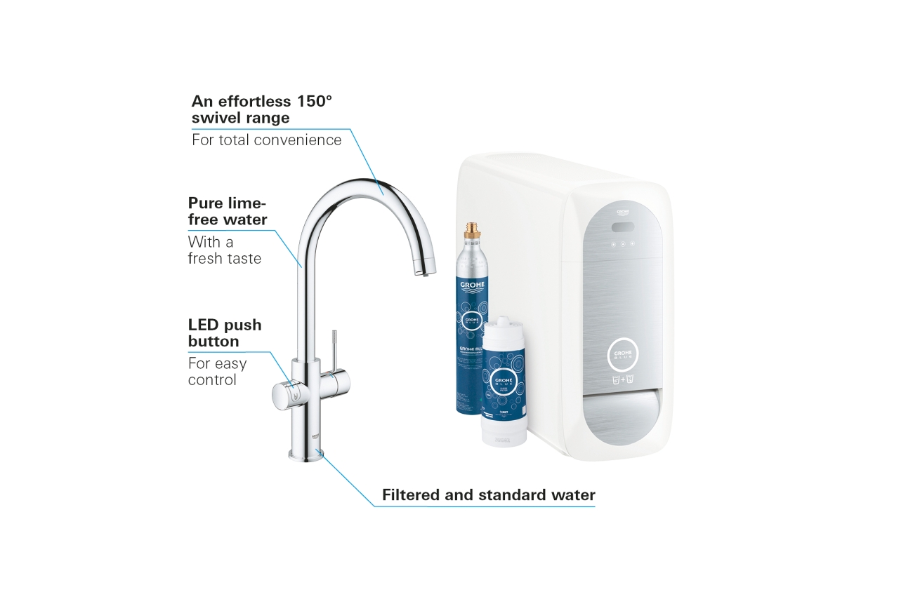 Смеситель для кухни GROHE Blue Home с системой фильтрации, охлаждения и газирования воды, хром (31455000)