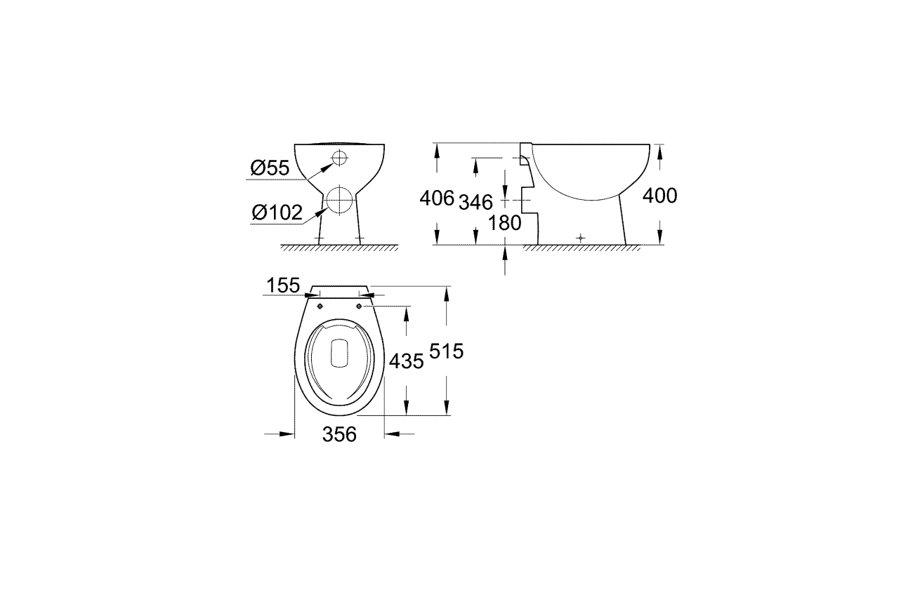 Унитаз напольный безободковый GROHE Bau Ceramic горизонтальный выпуск (без сиденья), альпин-белый (39430000)