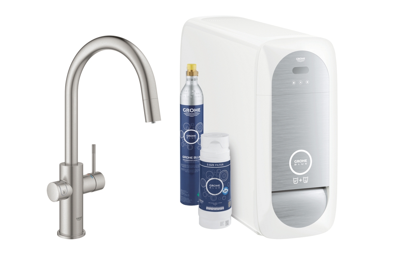 Смеситель для кухонной мойки GROHE Blue Home с системой фильтрации, охлаждения и газирования воды, Wi-Fi, суперсталь (31541DC0)