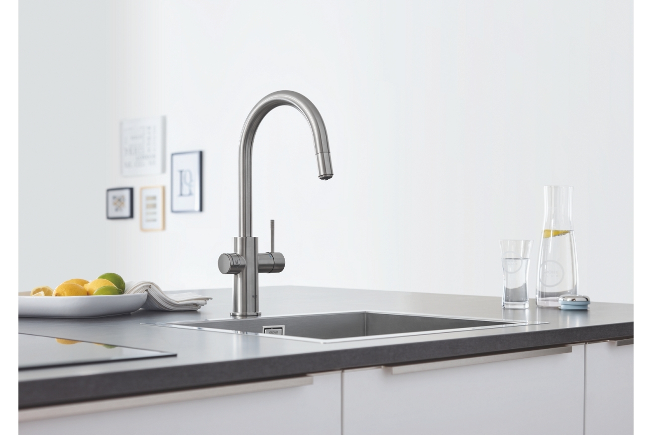 Смеситель для кухонной мойки GROHE Blue Home с системой фильтрации, охлаждения и газирования воды, Wi-Fi, суперсталь (31541DC0)