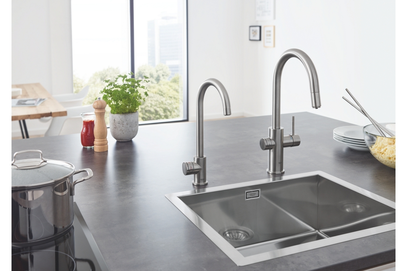 Смеситель для кухонной мойки GROHE Blue Home с системой фильтрации, охлаждения и газирования воды, Wi-Fi, суперсталь (31541DC0)