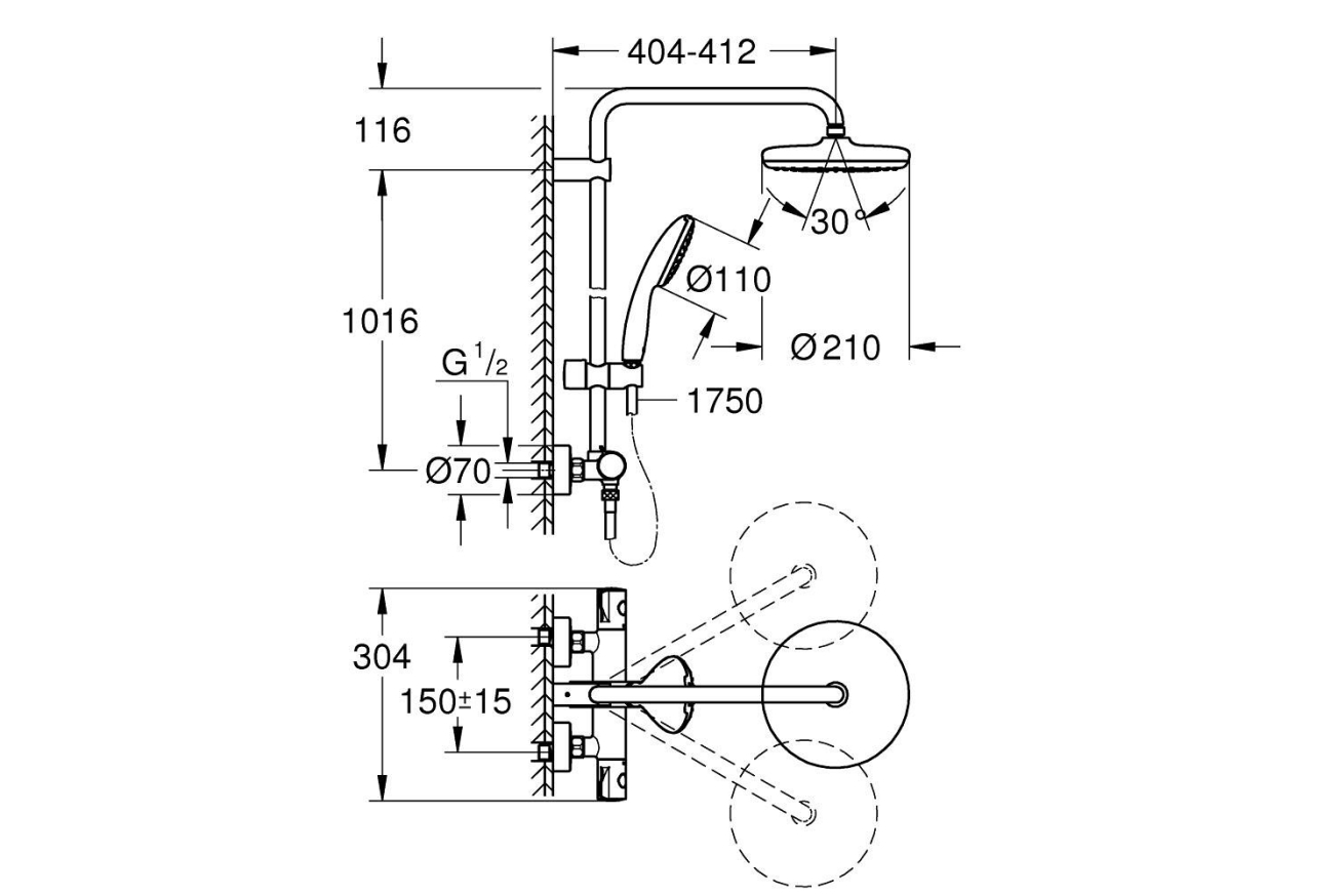 Душевая система GROHE Tempesta System 210 с термостатом для душа, хром (26811001)