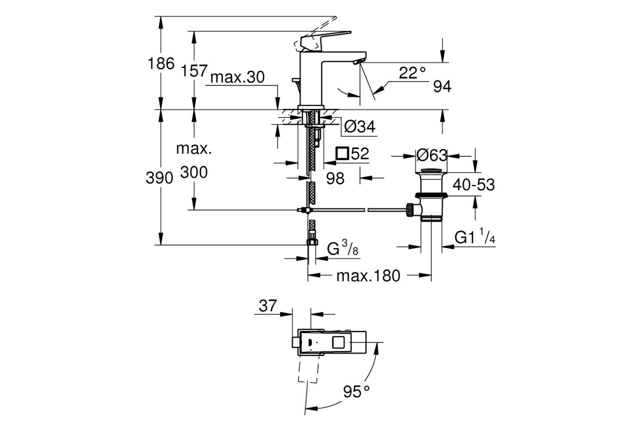 Смеситель для раковины GROHE Eurocube с донным клапаном, S-size, хром (2339000E)