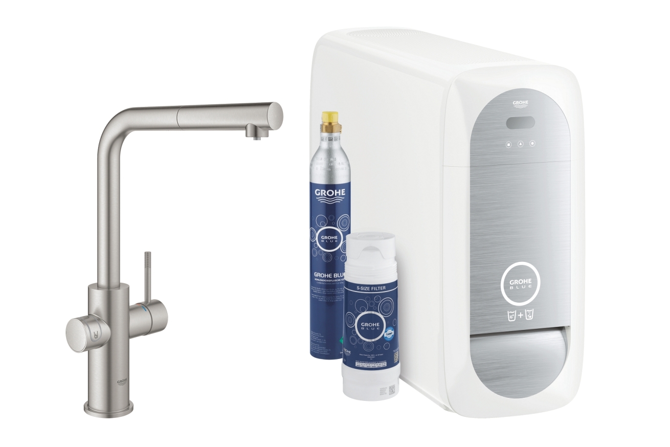 Смеситель для кухонной мойки GROHE Blue Home с системой фильтрации, охлаждения и газирования воды, Wi-Fi, суперсталь (31539DC0)