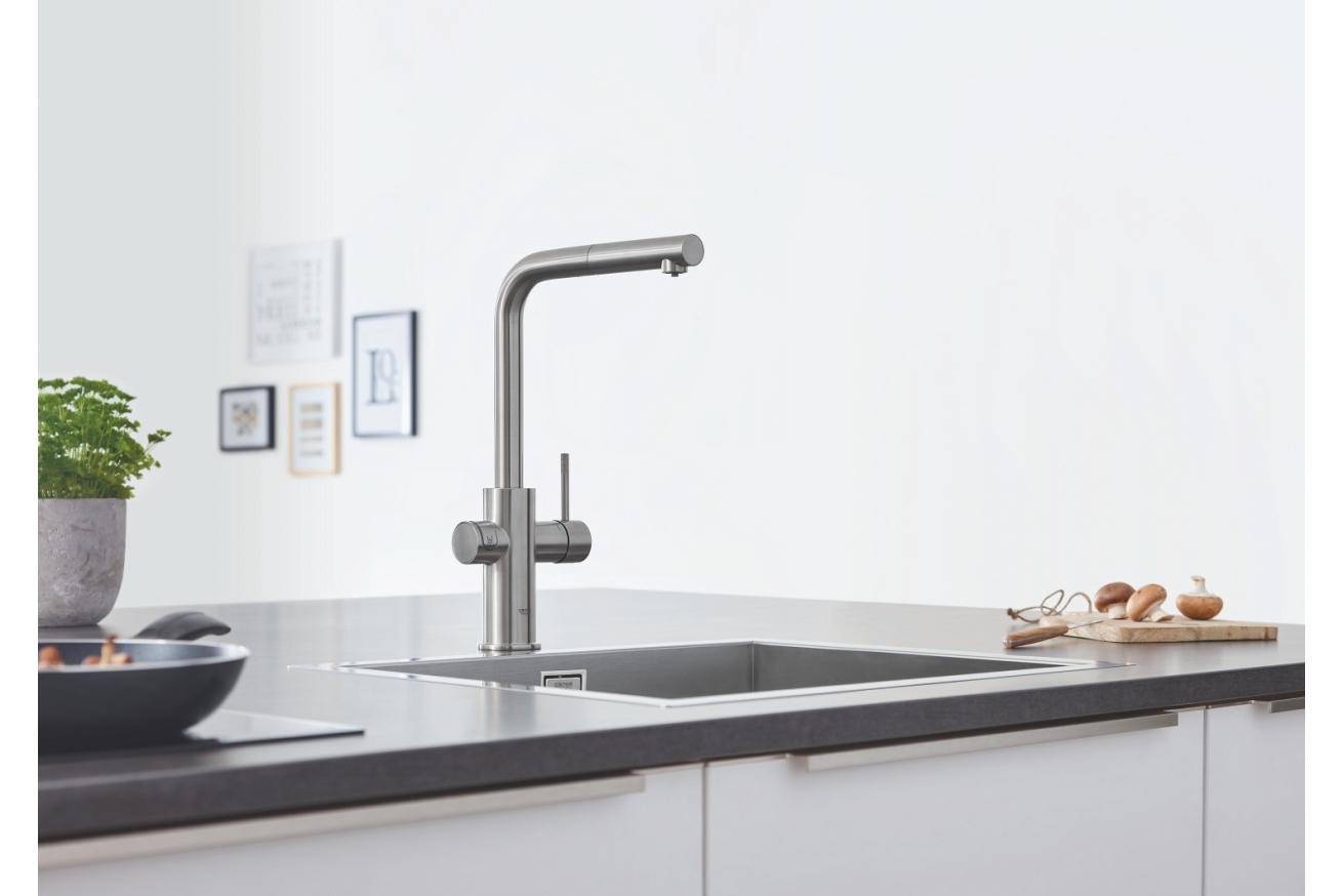 Смеситель для кухонной мойки GROHE Blue Home с системой фильтрации, охлаждения и газирования воды, Wi-Fi, суперсталь (31539DC0)