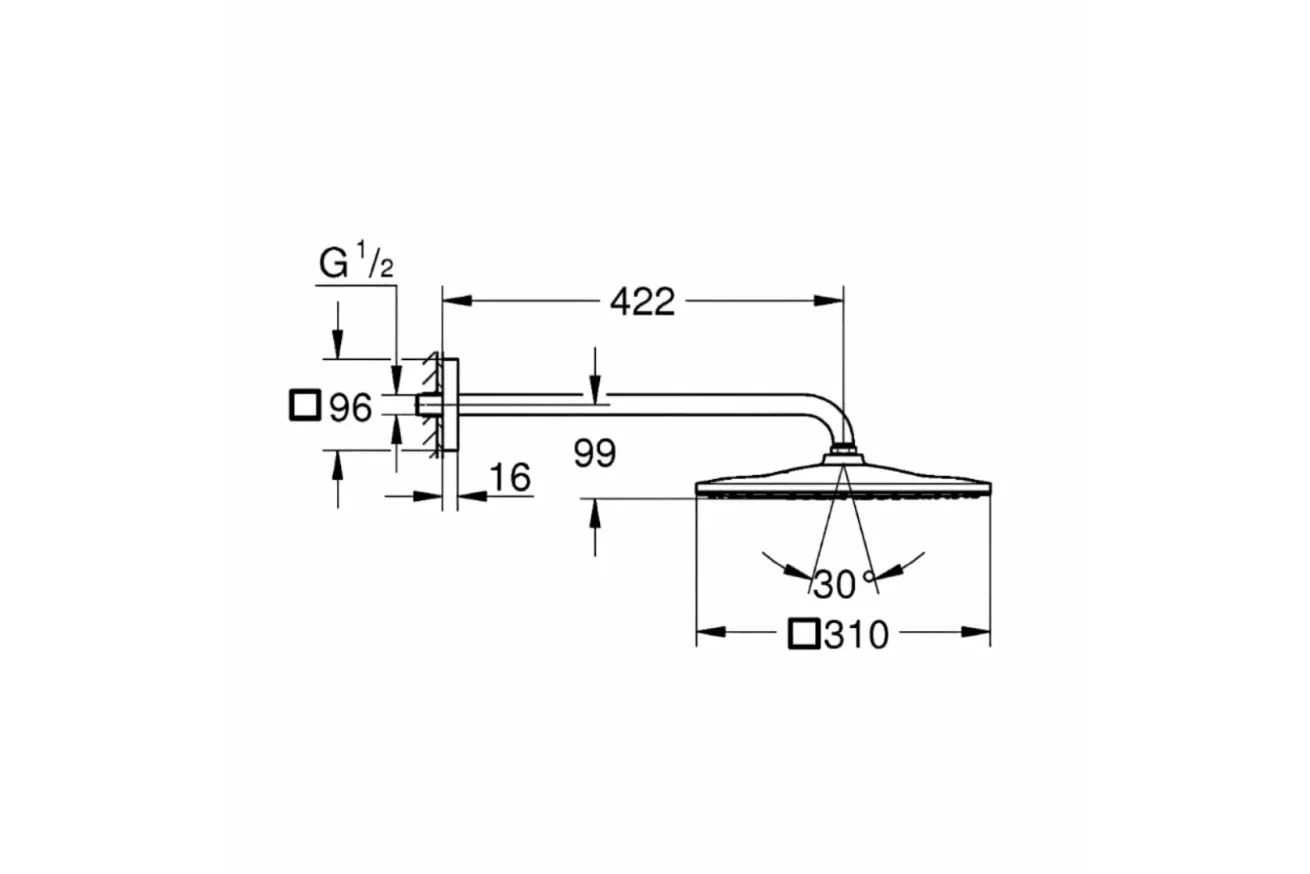 Верхний душ GROHE Rainshower 310 Mono с душевым кронштейном, 1 режим, 422 мм, хром (26563000)