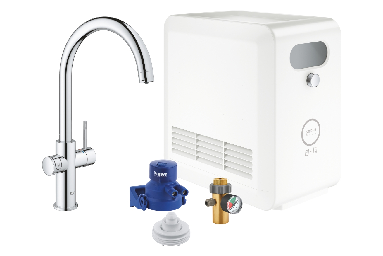 Смеситель для кухонной мойки GROHE Blue Professional с функцией фильтрации, с системой охлаждения и газирования воды, Wi-Fi, хром (31323002)
